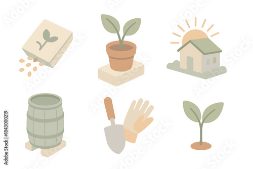 Garden Essentials Icons. Isometric vector illustration set Garden essentials: seed packet with scattered grains, potted plant on a