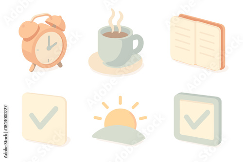 Morning Essentials Icons. Isometric vector illustration set Positive morning symbols: clock alert, steaming coffee, notebook pages