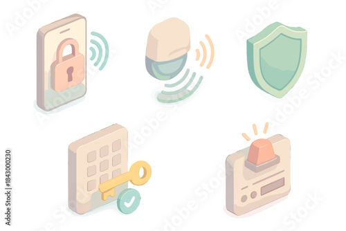 Smart Security Icons. Isometric vector illustration set Smart security icons: remote lock symbol, motion alert signal, shield for