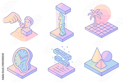 Pastel Synth Archaeology. Isometric vector illustration set Synth archaeology set: artifact reveal, scanning laser mesh, vaporwave
