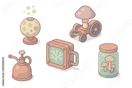 Fungal Study Apparatus. Isometric vector illustration set Fungal study apparatus: spore emitter orb, cog-driven truffle seeker,