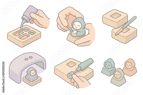 Artisan Keycap Creation. Isometric vector illustration set of artisan keycap creation: pouring resin colorway into mold, sculpting