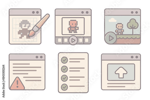 Creative Game Tools Icons. Isometric vector illustration set of creative game tools: sprite pixel brush, animation frame viewer,