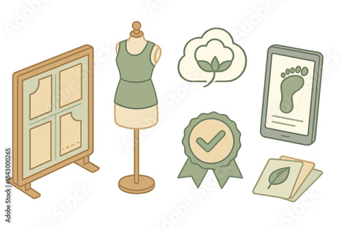 Sustainable Fashion Tools. Isometric vector illustration set of sustainable fashion design tools: zero-waste pattern layout board,