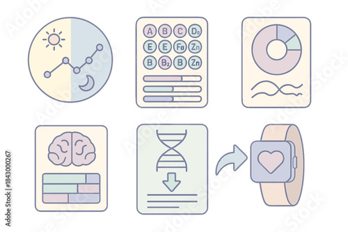 Digital Health Analytics Icons. Isometric vector illustration set of digital health analytics: circadian rhythm chart, vitamin and