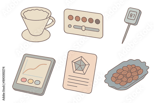 Third Wave Coffee Tools. Isometric vector illustration set of third wave coffee tools: ceramic dripper and filter, grind size