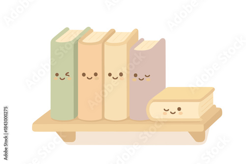 Row of books with cartoon faces on them