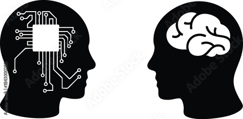 Artificial intelligence versus human brain concept comparing technology and biology with vector silhouettes of heads isolated on white