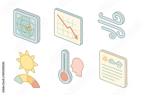 Weather App Icons. Isometric vector illustration set of digital weather app icons: precipitation radar, temperature decrease graph