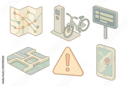 Commuter Planning Essentials. Isometric vector illustration set of commuter planning tools: multi-stop route map, bike-share