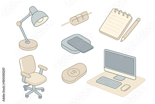 Modern Workspace Icons. Isometric vector illustration set of modern workspace accessories: adjustable brightness lamp, tidy cord