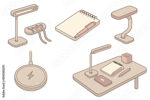 Desk Comfort Accessories. Isometric vector illustration set of desk comfort accessories: brightness slider lamp, organized cable