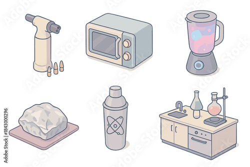 Innovative Kitchen Gizmos. Isometric vector illustration set of experimental kitchen gadgets: molecular gastronomy tool with