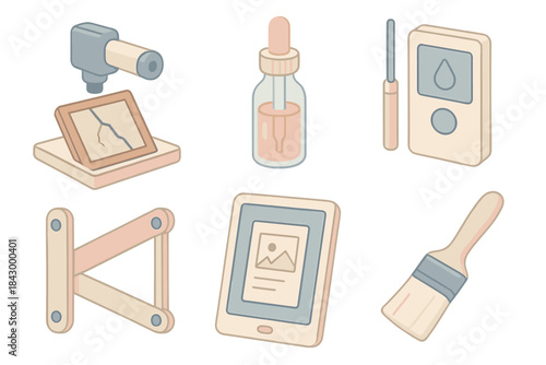 Art Restoration Tools. Isometric vector illustration set of artwork restoration lab: microscopic crack scanner, pigment