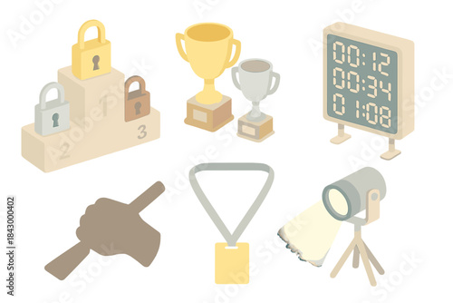 Competition Scene Icons. Isometric vector illustration set of competition scene icons: podium with miniature locks, gold and