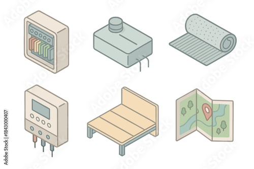 Van Conversion Essentials. Isometric vector illustration set of van conversion essentials: electrical fuse box, water tank sensor,