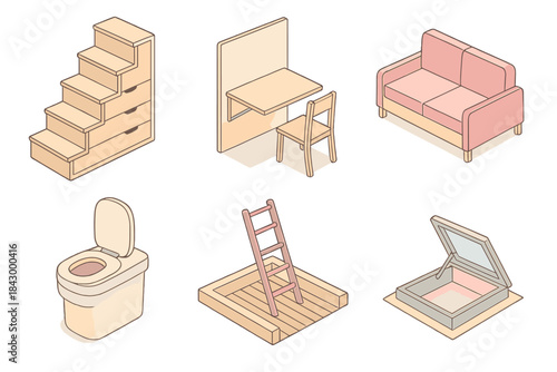 Compact Home Innovations. Isometric vector illustration set of compact home design: staircase with built-in drawers, fold-down