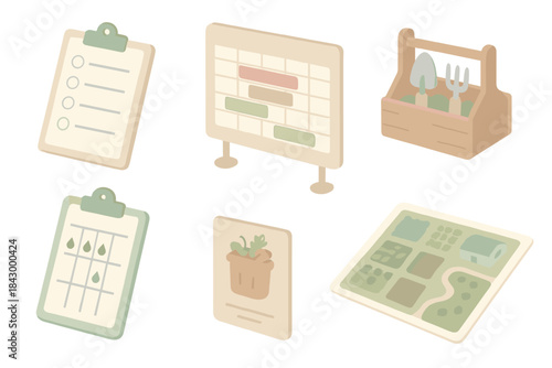 Urban Garden Volunteer Icons. Isometric vector illustration set of urban garden volunteer system: sign-up sheet, shift timeline