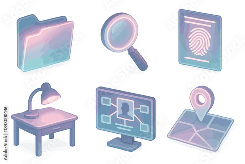 Neon-Noir Detective Tools. Isometric vector illustration set of neon-noir detective tools: glowing case file folder, magnifying