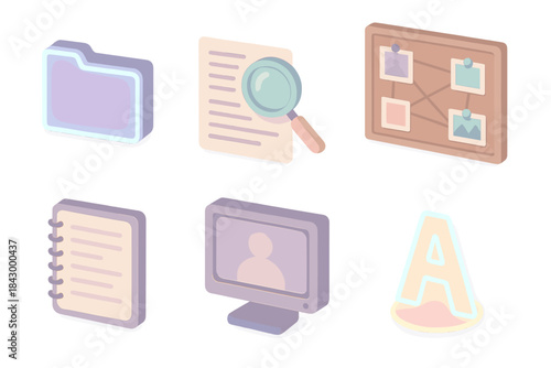 Investigative Studio Icons. Isometric vector illustration set of investigative studio icons: neon-lit case folder, magnifying