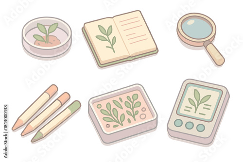 Interplanetary Botany Toolkit. Isometric vector illustration set of interplanetary botany toolkit: plant tissue sample, sketch