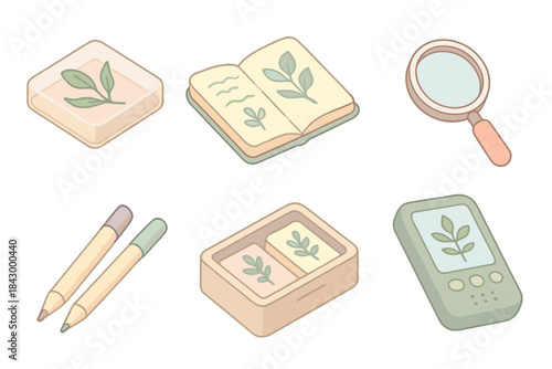 Interplanetary Botany Toolkit. Isometric vector illustration set of interplanetary botany toolkit: plant tissue sample, sketch