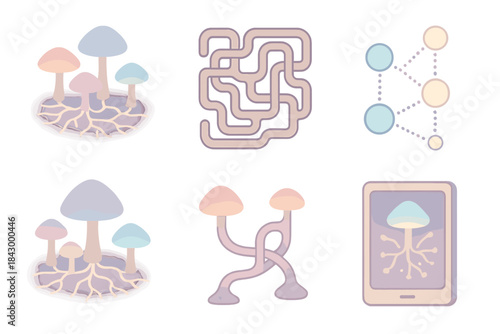 Glowing Mycelium Network. Isometric vector illustration set of subterranean mycelium network: glowing mushroom nodes, underground