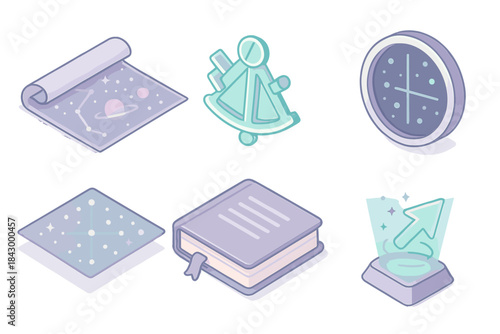 Interstellar Voyage Tools. Isometric vector illustration set of interstellar voyage tools: cosmic navigation chart, glowing