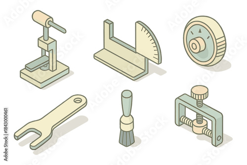 Typewriter Repair Tools. Isometric vector illustration set of typewriter repair essentials: lever press tester, carriage alignment