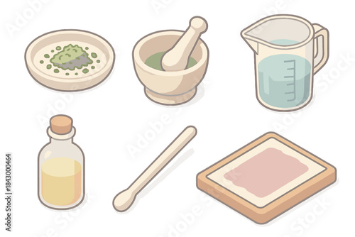 Ink Preparation Tools. Isometric vector illustration set of artisanal ink preparation: plant pigment crushed dish, mortar and