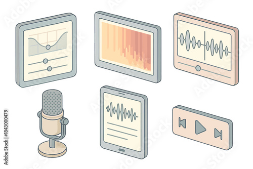 Forensic Audio Kit. Isometric vector illustration set of forensic sound analysis kit: noise suppression interface, spectrogram