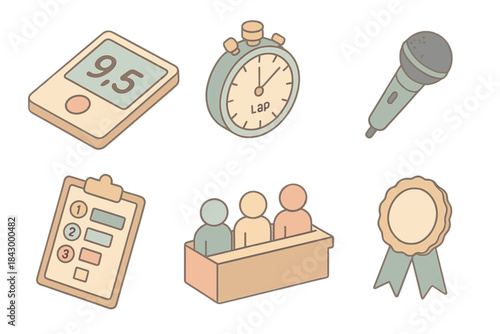 Musical Contest Icons. Isometric vector illustration set of musical contest scoring: scorecard tablet, stopwatch with lap function