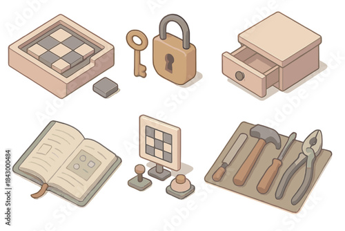 Mystery Room Props. Isometric vector illustration set of mystery room prop design: puzzle prototype, key and lock set, hidden