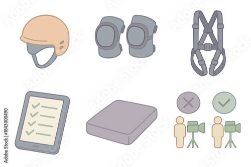 Stunt Preparation Icons. Isometric vector illustration set of stunt preparation workflow: protective headgear, elbow/knee guards,