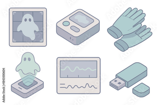 Paranormal Investigation Toolkit. Isometric vector illustration set Ghost photography evidence analysis toolkit: ghost silhouette