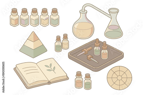 Esoteric Perfume Illustration. Isometric vector illustration set Esoteric perfume oil blending notes: tiny labeled essence bottles