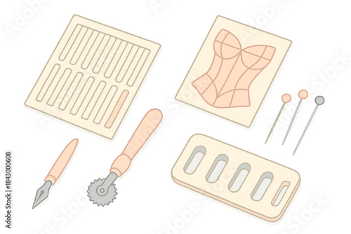 Historical Corsetry Tools. Isometric vector illustration set Historical corsetry pattern drafting tools: detailed boning channel
