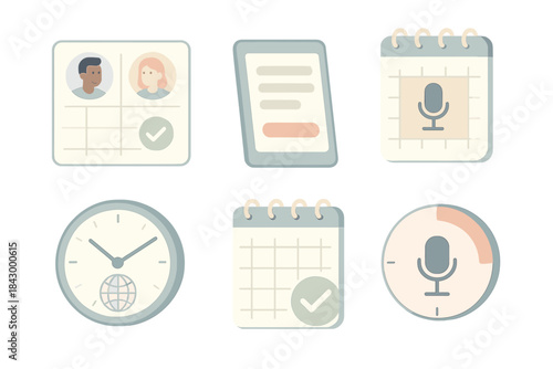 Podcast Scheduling Tools. Isometric vector illustration set Podcast guest booking and interview scheduling: host and guest avatar