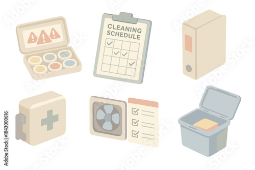 Food Truck Prep Essentials. Isometric vector illustration set Food truck health inspection preparation: allergen alert label kit,