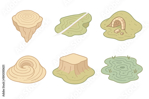 Fantasy Map Symbols. Isometric vector illustration set Fantasy map illustrator's topography symbols: floating island contour lines