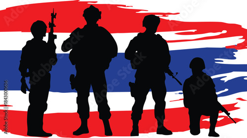 Silhouette of soldiers against the Thai flag representing national defense and military service suitable for patriotic themes and news