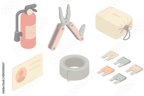 Car Emergency Kit. Isometric vector illustration set Basic car emergency kit contents: compact fire extinguisher, multi-tool with