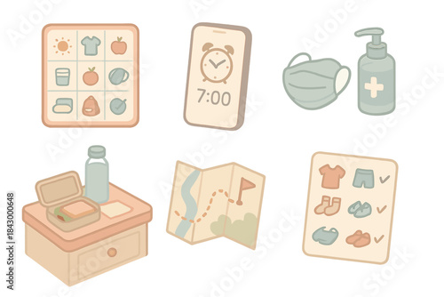 School Morning Routine. Isometric vector illustration set Morning school run preparation checklist: visual routine chart with
