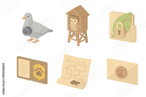 Suburban Wildlife Spy Agency. Isometric vector illustration set Suburban wildlife spy agency operations: pigeon drone with camera