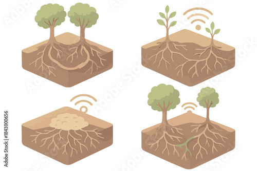Underground Tree Network. Isometric vector illustration set Underground tree root communication network: organic root cable