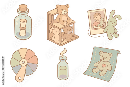 Restored Toy Memories. Isometric vector illustration set Abandoned toy restoration and memory recovery: memory bottle labeled with