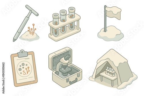 Antarctic Fungi Collection. Isometric vector illustration set Antarctic fungal specimen collection: ice corer tool with fungi