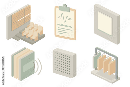Acoustic Panel Designs. Isometric vector illustration set Architectural acoustic panel design: auditorium wall paneling scheme,