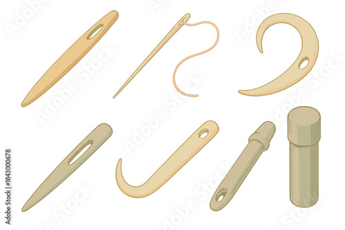 Historical Sewing Needles. Isometric vector illustration set Historical sewing needle typology: wooden needle for net repair, East