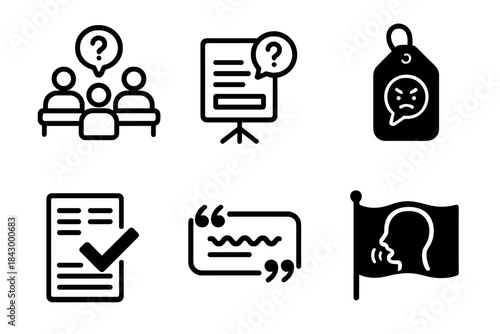 Forensic Linguistic Icons. Line style icons of Forensic Linguistics: expert linguist panel, question phrasing chart, verbal abuse